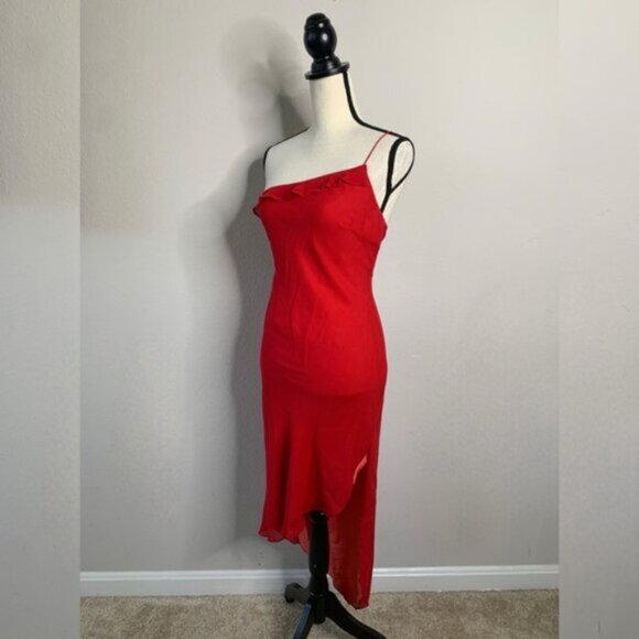 Express Red Silk One Shoulder Asymmetrical Cocktail Midi Dress - Picture 4 of 12